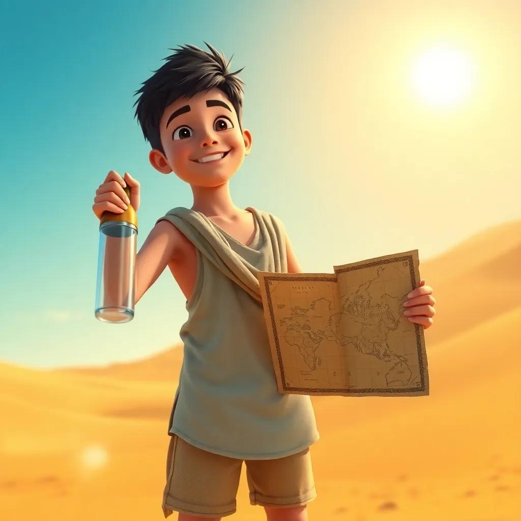 A brave young Arab boy, يوسف, with short black hair, wearing a light tunic and shorts, standing under the hot sun in the vast desert holding an old map and a water bottle, digital art, vibrant colors, bright sunlight, joyful expression