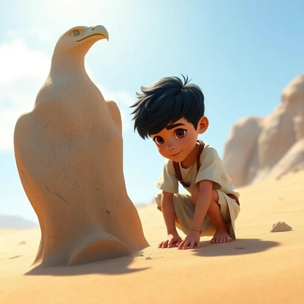 يوسف, a young Arab boy with short black hair, wearing a light tunic and shorts, kneeling next to a strange rock resembling an eagle while digging in the sand, bright sunlight illuminating the scene, adventure-themed, child-friendly