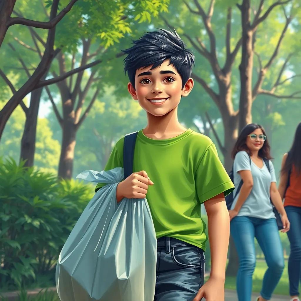 A young Arab boy, Sami, with short black hair, wearing a cheerful green t-shirt and denim shorts, holding a trash bag with friends in a vibrant green park, detailed digital art, bright colors, joyful atmosphere, high quality