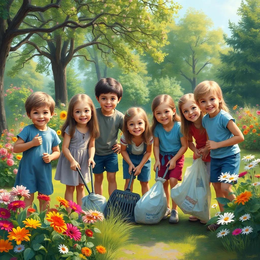 A group of children smiling while picking up litter in a lush garden, with colorful flowers around and trees in the background, digital painting, cheerful, community spirit, heartwarming