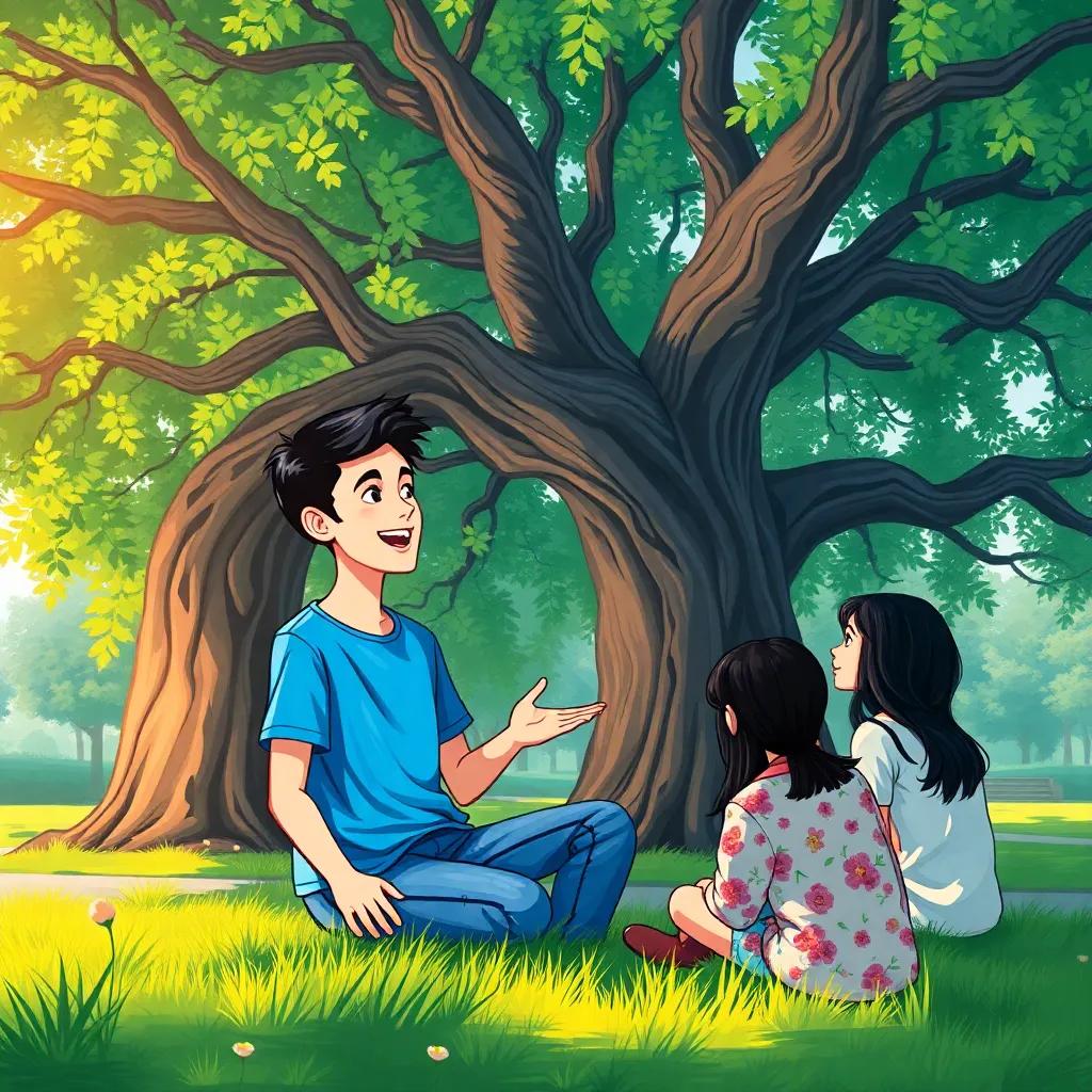 A young Arab boy, Sami, with short black hair, wearing a blue t-shirt and jeans, sitting under a large tree in a park, excitedly discussing environment conservation with friends, colorful illustration, cheerful atmosphere, vibrant colors, high quality