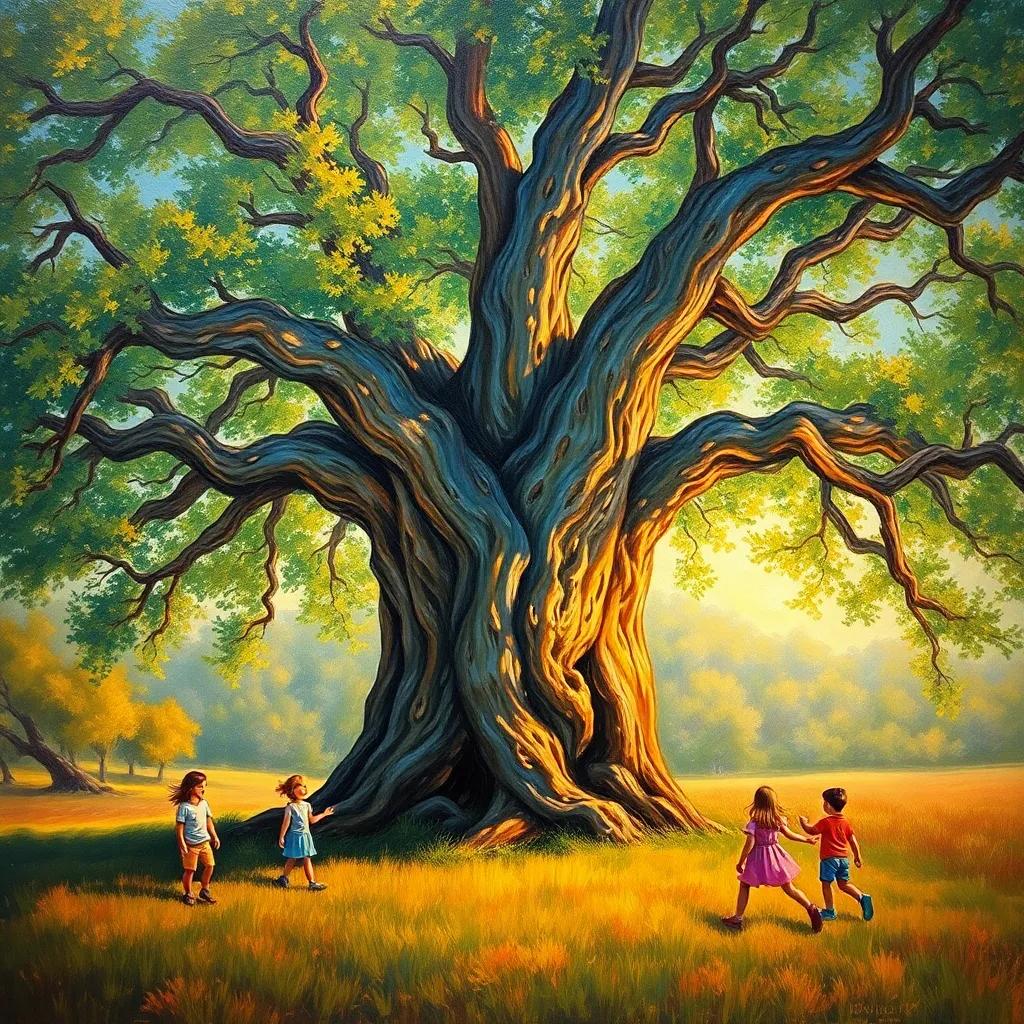 A large tree shaking gently in the breeze, with children sitting around it, vibrant colors and details, playful and inviting scene, warm light, nature-filled background, high quality
