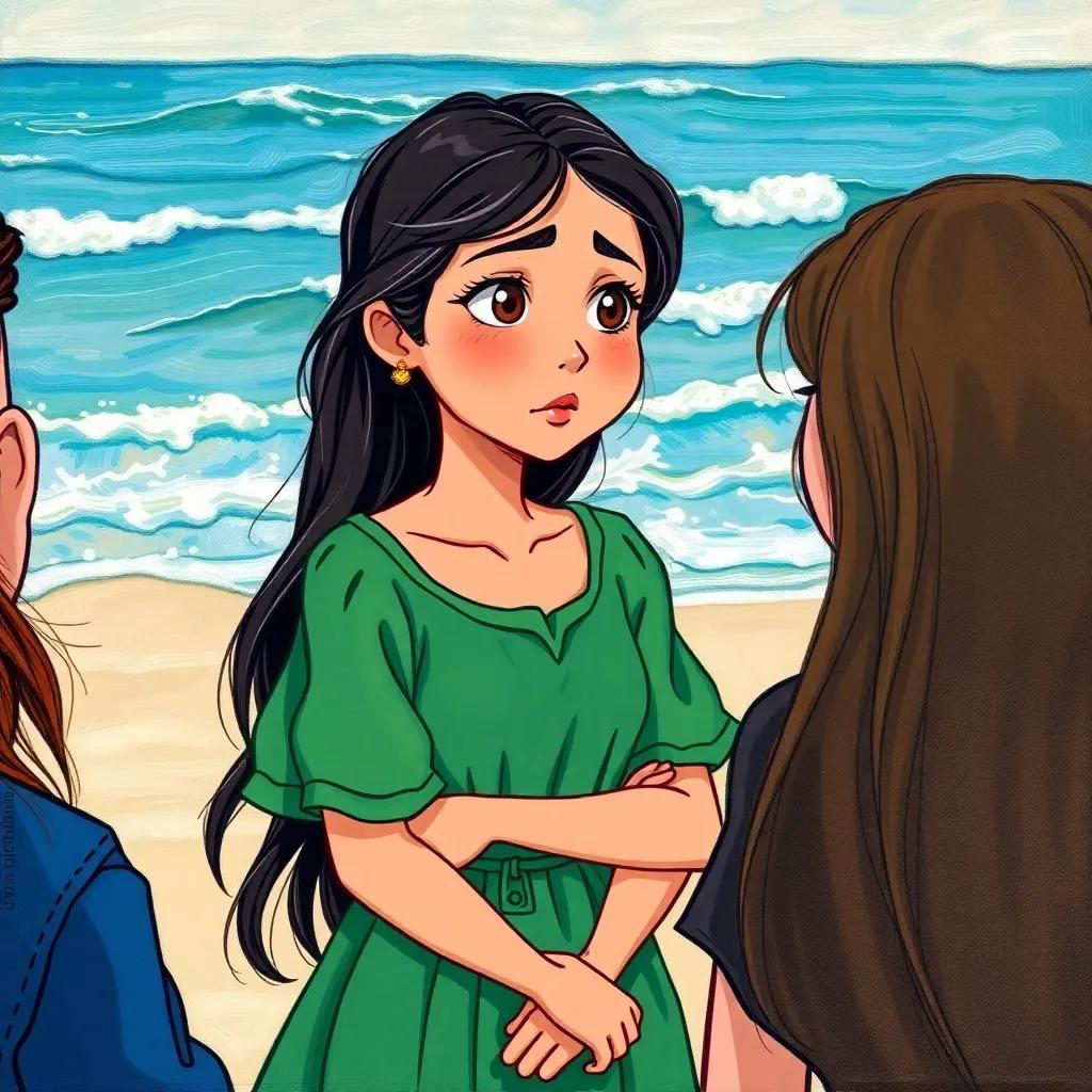 A girl named Mariam, with long dark hair and wearing a green dress, talking to friends with a concerned expression, beach background with waves and sand, illustration, engaging and thoughtful, high quality