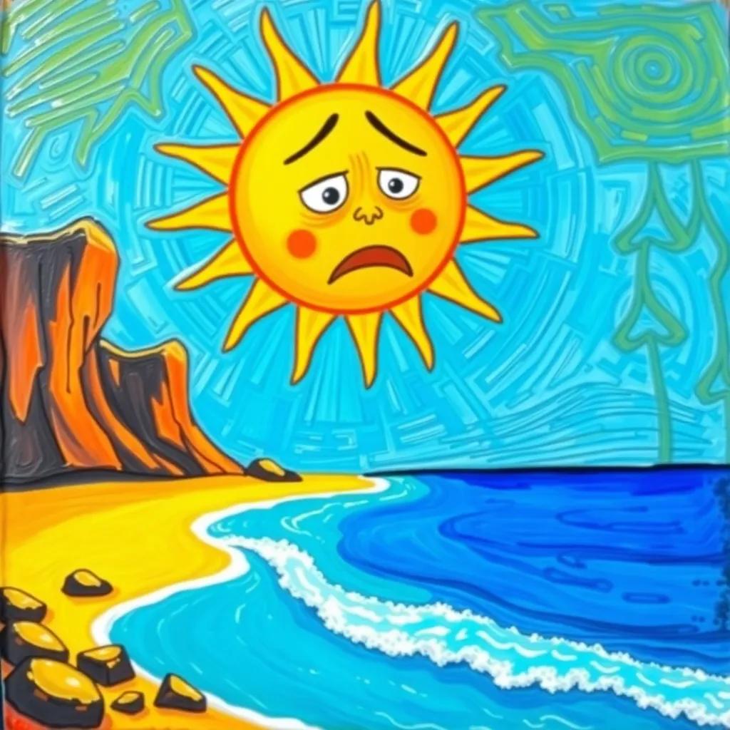 An illustration of a hot sun with a worried expression above the beach, represents global warming, bright colors, engaging design, cartoon style, high quality