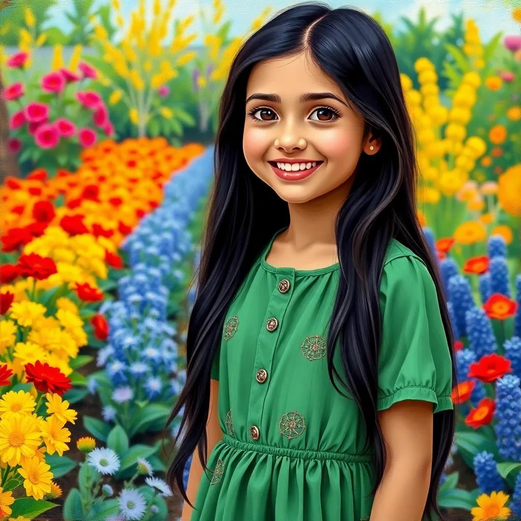 A young girl, Mariam, with long dark hair wearing a green dress, standing with excitement as she talks about planting trees, colorful garden background, vibrant and cheerful, high quality