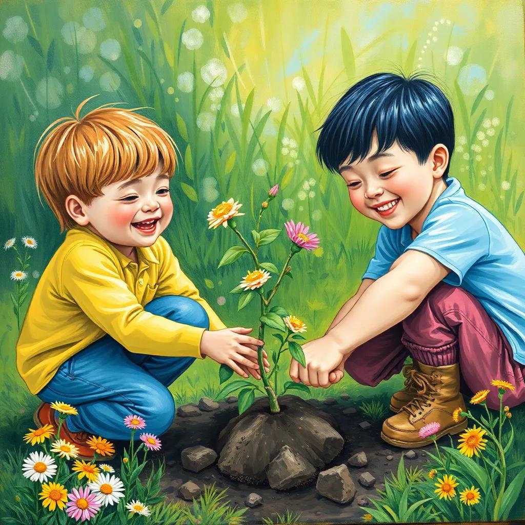 Children planting a small tree together, flowers and green surroundings, joyful expressions, lively colors, illustration, high quality, encouraging teamwork