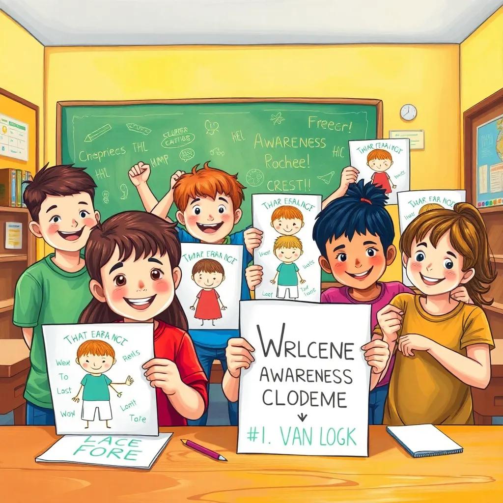 Children creating awareness posters in a classroom, showing determination and teamwork, bright colors and engaging expressions, illustration, cheerful atmosphere, high quality