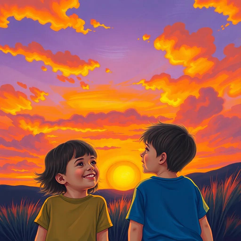 Children looking at a beautiful sunset, smiling and feeling hopeful, vibrant sky with orange and purple colors, illustration, warm and inspiring, high quality