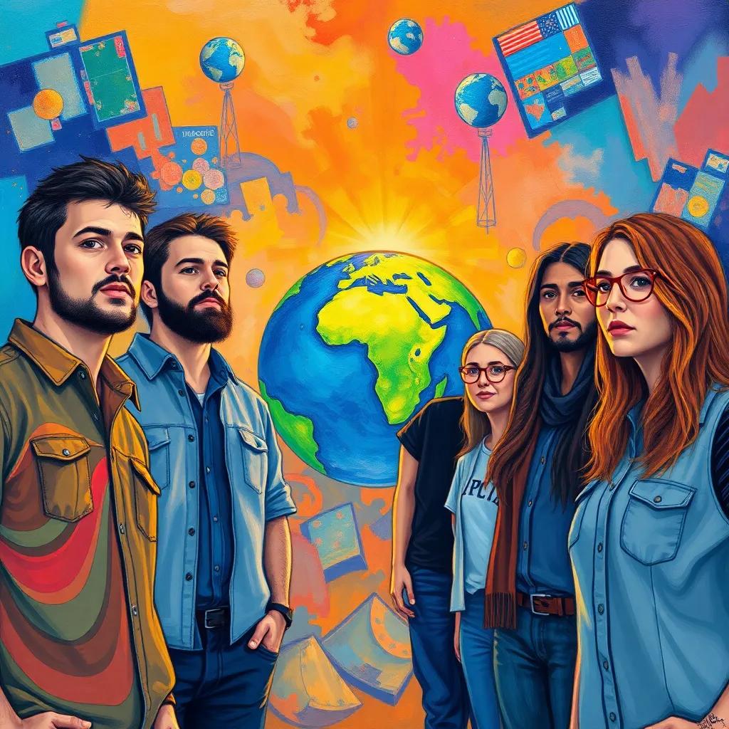 A group of friends standing together looking determined, with the Earth in the background, colorful and bright atmosphere, representing unity for a cause, illustration, high quality