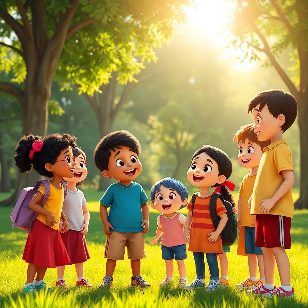 A group of children, with diverse backgrounds, excitedly discussing in a green park, sunlight shining through trees, joyful atmosphere, vibrant colors, high quality