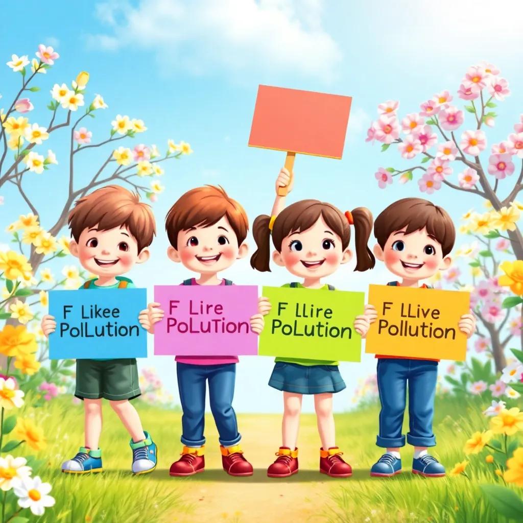 Four children, carrying colorful signs about pollution, cheerfully working together, surrounding by blooming flowers and trees, bright day with blue sky, illustration, optimistic scene, high quality