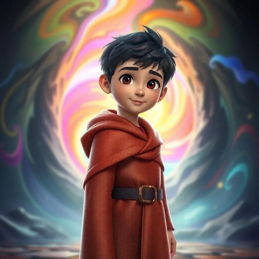 A young boy named Sami, with short dark hair, wearing a shimmering cloak that makes him look like a dwarf, standing in front of a magical portal surrounded by swirling colors, digital art, vibrant and enchanting, an adventurous atmosphere, high quality
