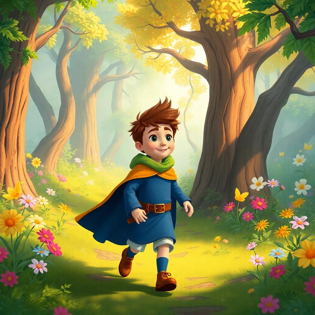 Sami with his magical cloak, walking through a magical forest with talking trees and dancing flowers, colorful foliage, playful atmosphere, illustration, enchanting and cheerful, high quality