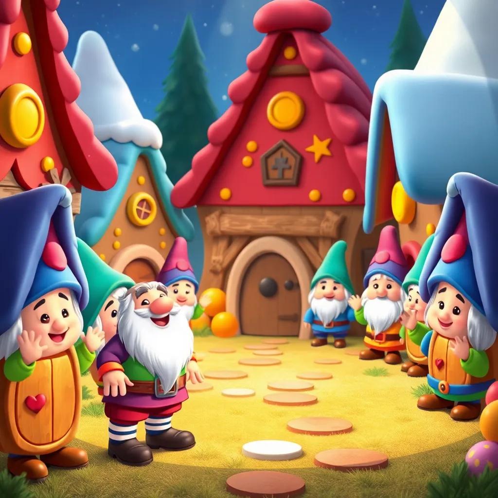 Sami visiting a village of dwarves with colorful, cookie houses, where dwarves wave at him with big smiles, sweet and inviting scene, digital art, whimsical and friendly, high quality