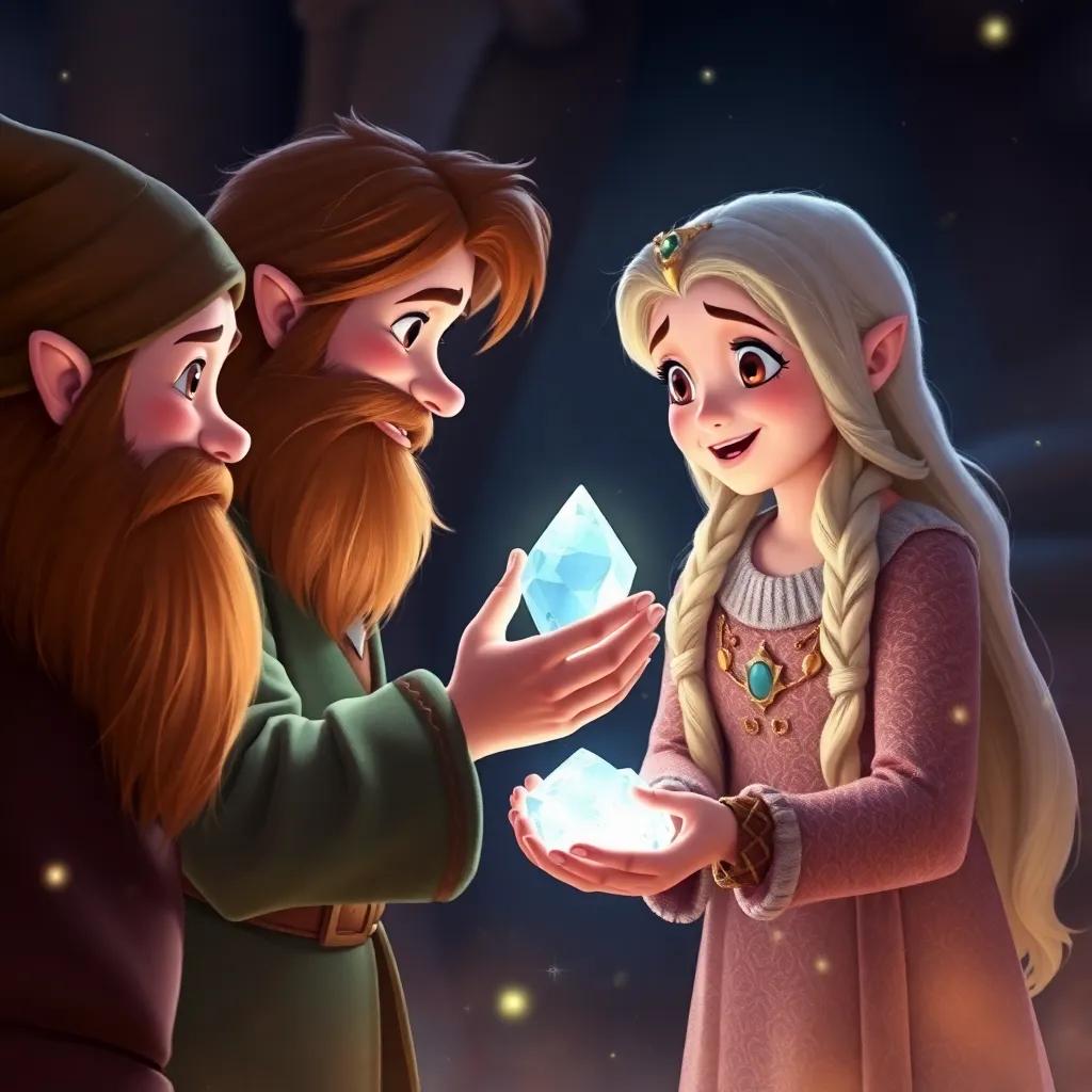 Sami receiving a magical crystal from the dwarves, with a warm and heartfelt farewell, surrounded by sparkles and a warm atmosphere, digital painting, rich colors, emotional scene, high quality