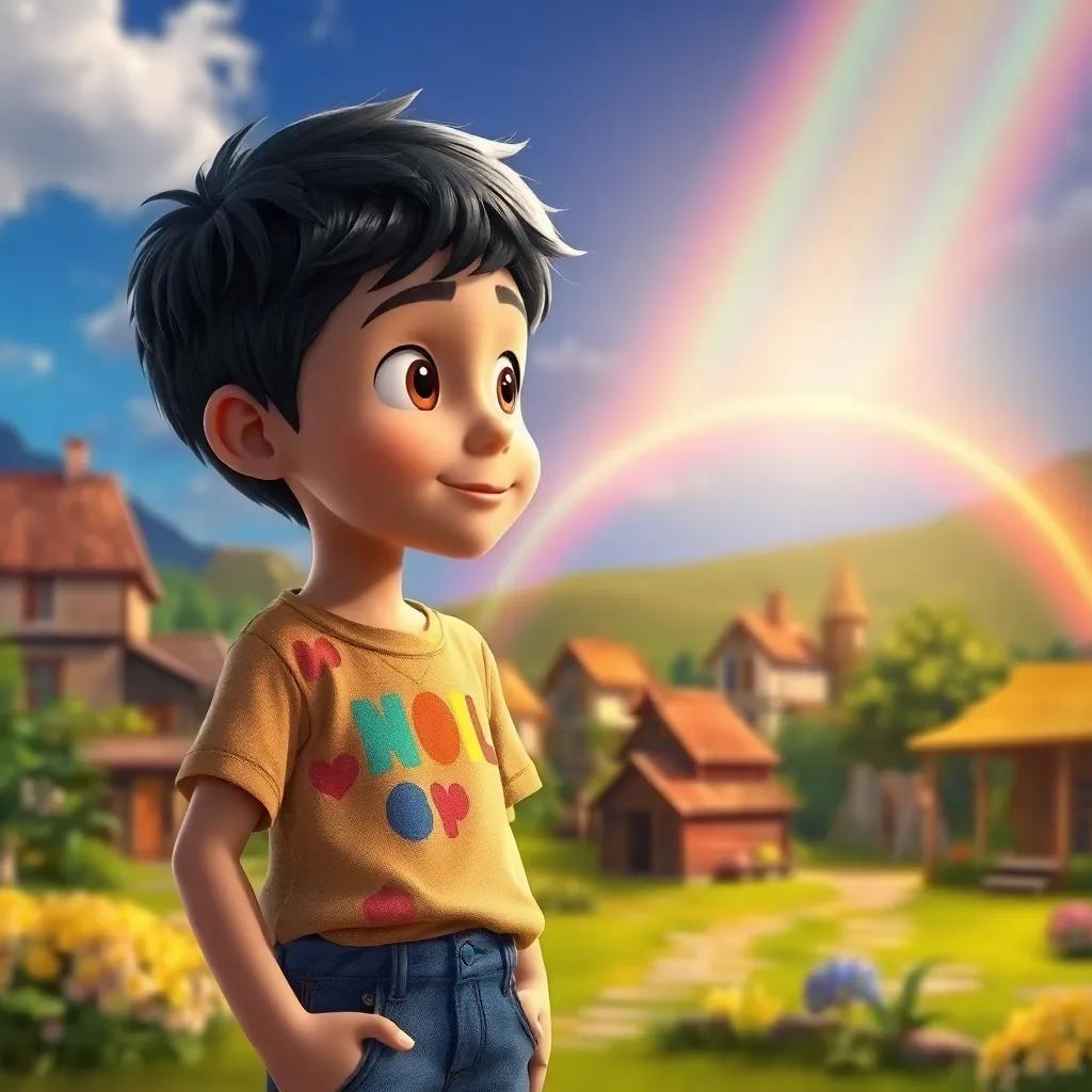 A young boy, Sami, with short black hair, wearing a colorful t-shirt and jeans, looking curiously at a shining rainbow in a small village, bright colors, cheerful atmosphere, inviting landscape