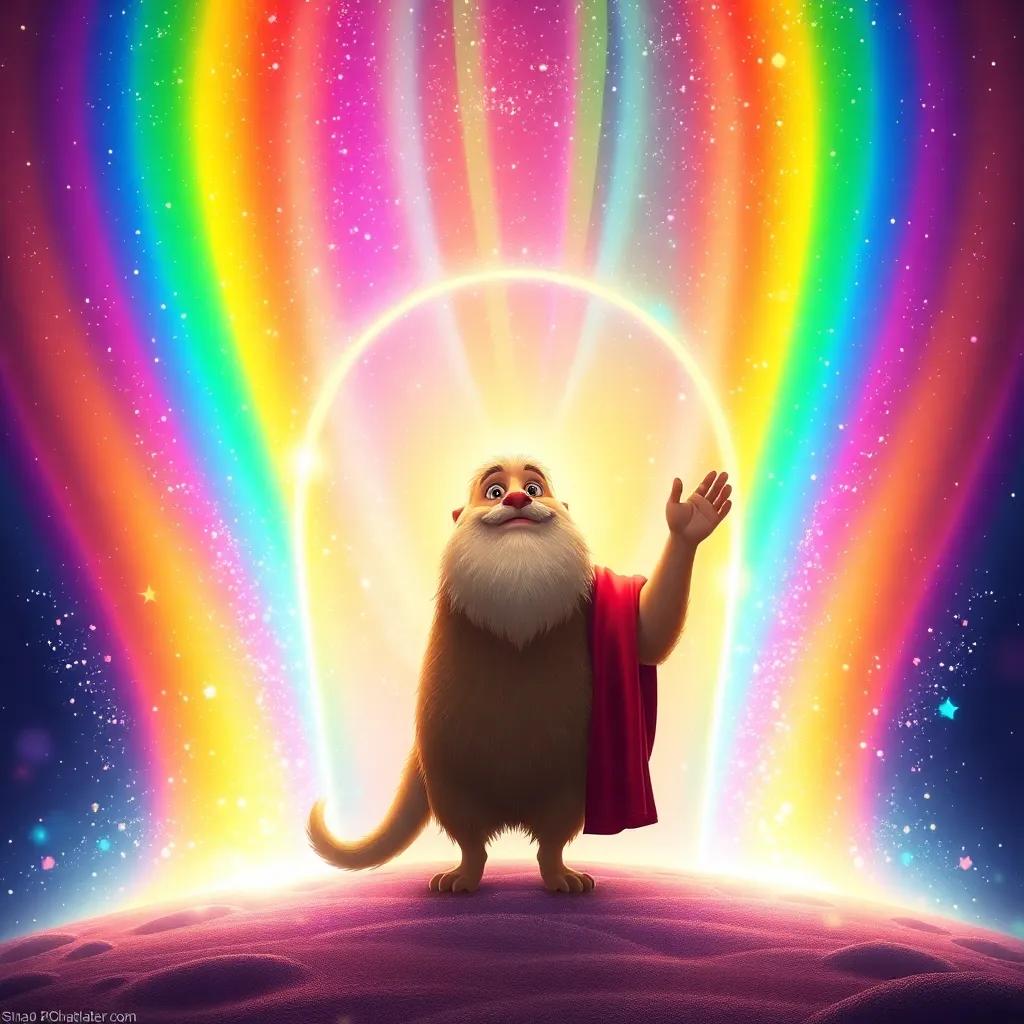 A vibrant rainbow opening a magical colorful portal, with Sami filled with wonder, surrounded by sparkling light, fantasy art, vivid colors, enchanting scene