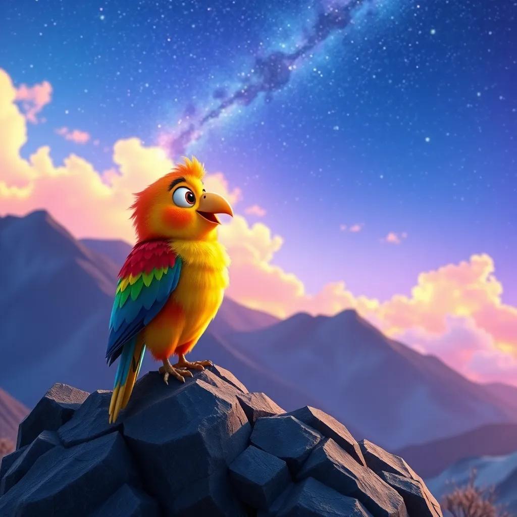 A colorful bird with bright feathers talking to Sami on top of a mountain, starry sky and colorful clouds in the background, uplifting and magical feel, digital art, cheerful