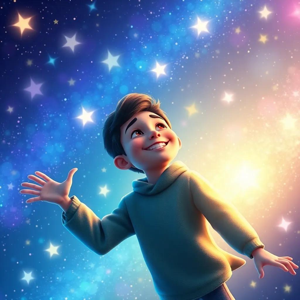Sami, feeling happy and free, imagining himself flying among twinkling stars, with a bright glow and vibrant colors all around, imaginative artwork, dreamy atmosphere