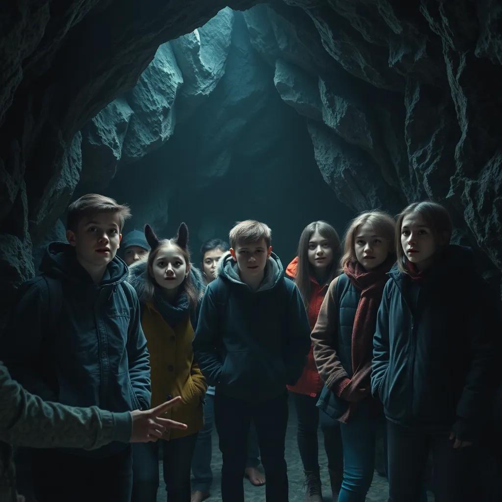 A group of young people entering a dark cave, filled with shadows and mysterious shapes, wearing warm clothes, looking curious and a little scared, detailed digital art, cool colors, eerie atmosphere, high quality