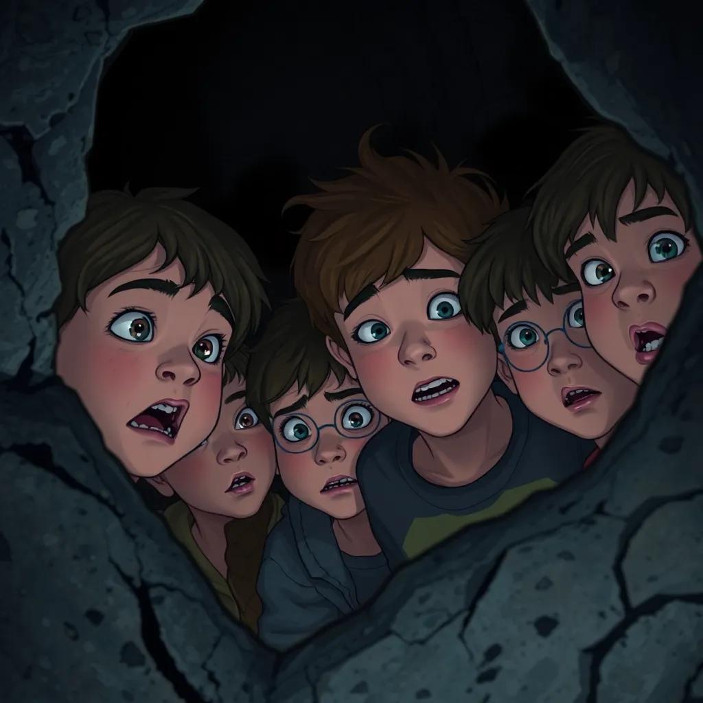 A close-up scene of the young people inside the cave, with expressions of fear and curiosity on their faces, surrounded by darkness, with faint shadows moving, illustration, creepy and suspenseful, child-friendly