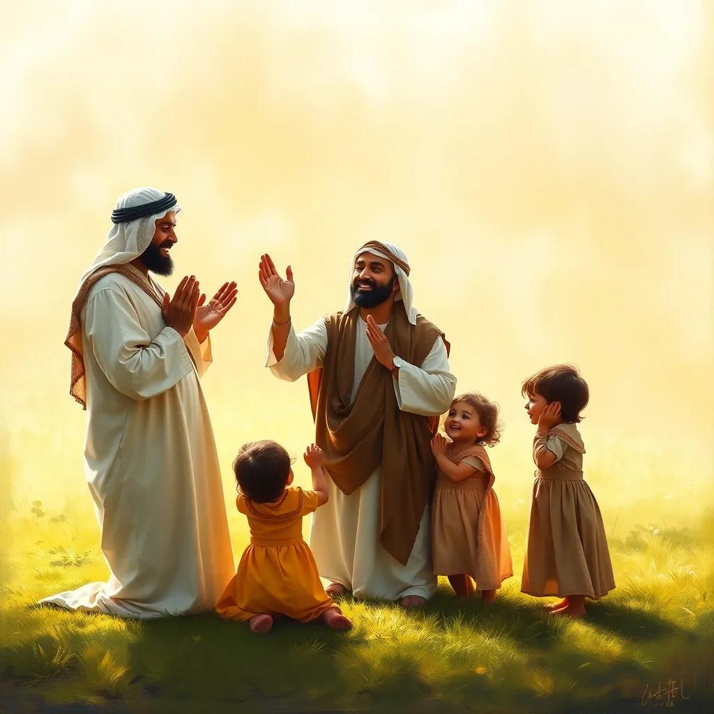 An Arab father, in his 30s with a traditional thobe, praying with his three children on a grassy area, children joyously mimicking his movements, bright and warm light, family bonding moment, realistic depiction