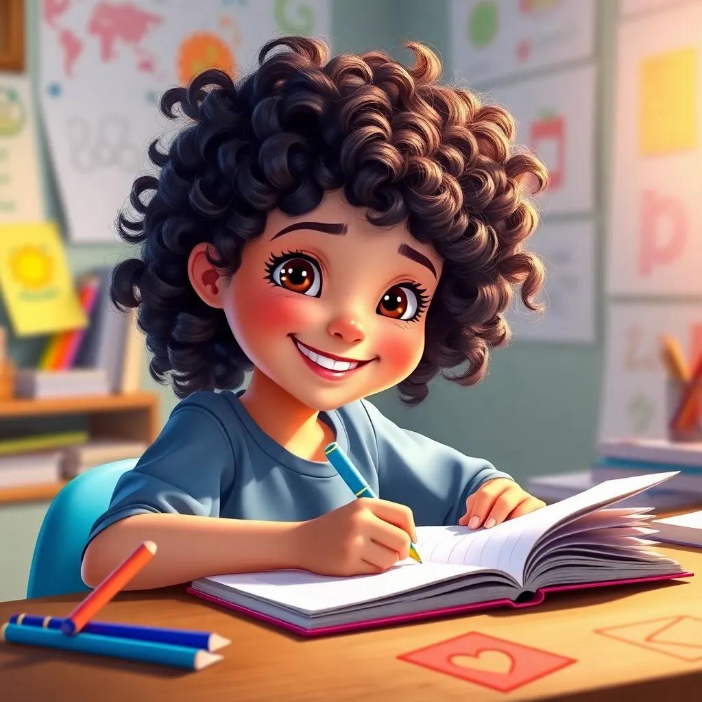 A young girl, Leila, with curly hair and a bright smile, sitting at her desk writing in a notebook, surrounded by colorful drawings, cheerful light, vibrant colors, uplifting atmosphere, digital art, high quality