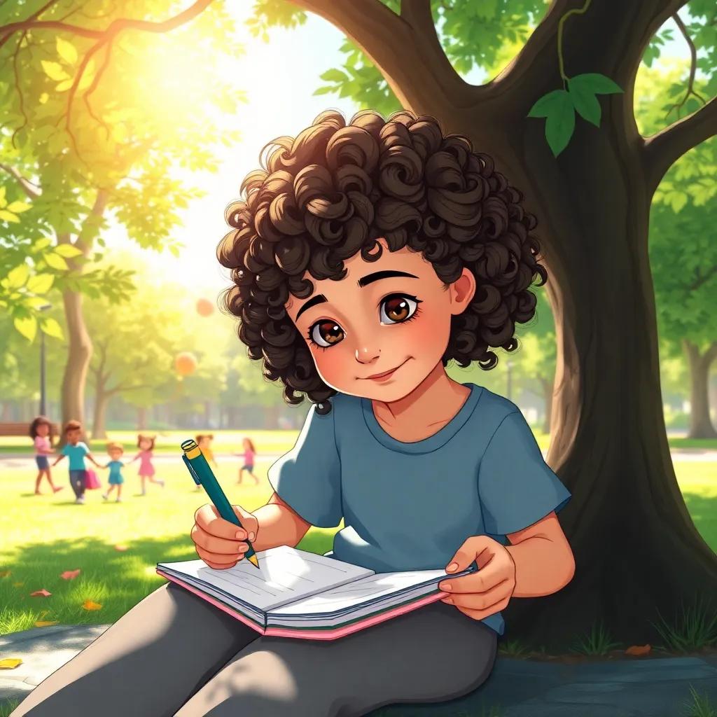Leila, a young girl with curly hair, sitting under a sunny tree in a park, writing down her feelings on a colorful paper, playful children in the background, bright natural light, cheerful setting, detailed illustration