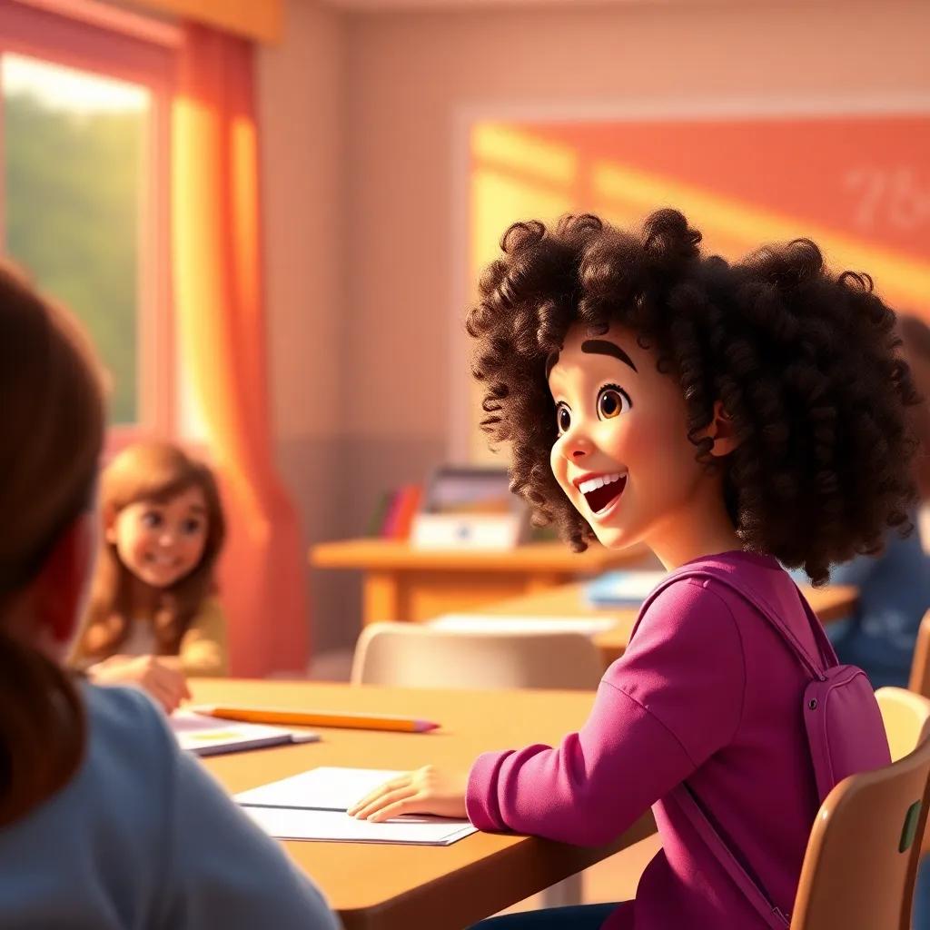 Leila, a young girl with curly hair, excitedly discussing her school project with her friend Sarah, both laughing and enjoying their time in class, warm light, engaging environment, lively colors, vibrant scene