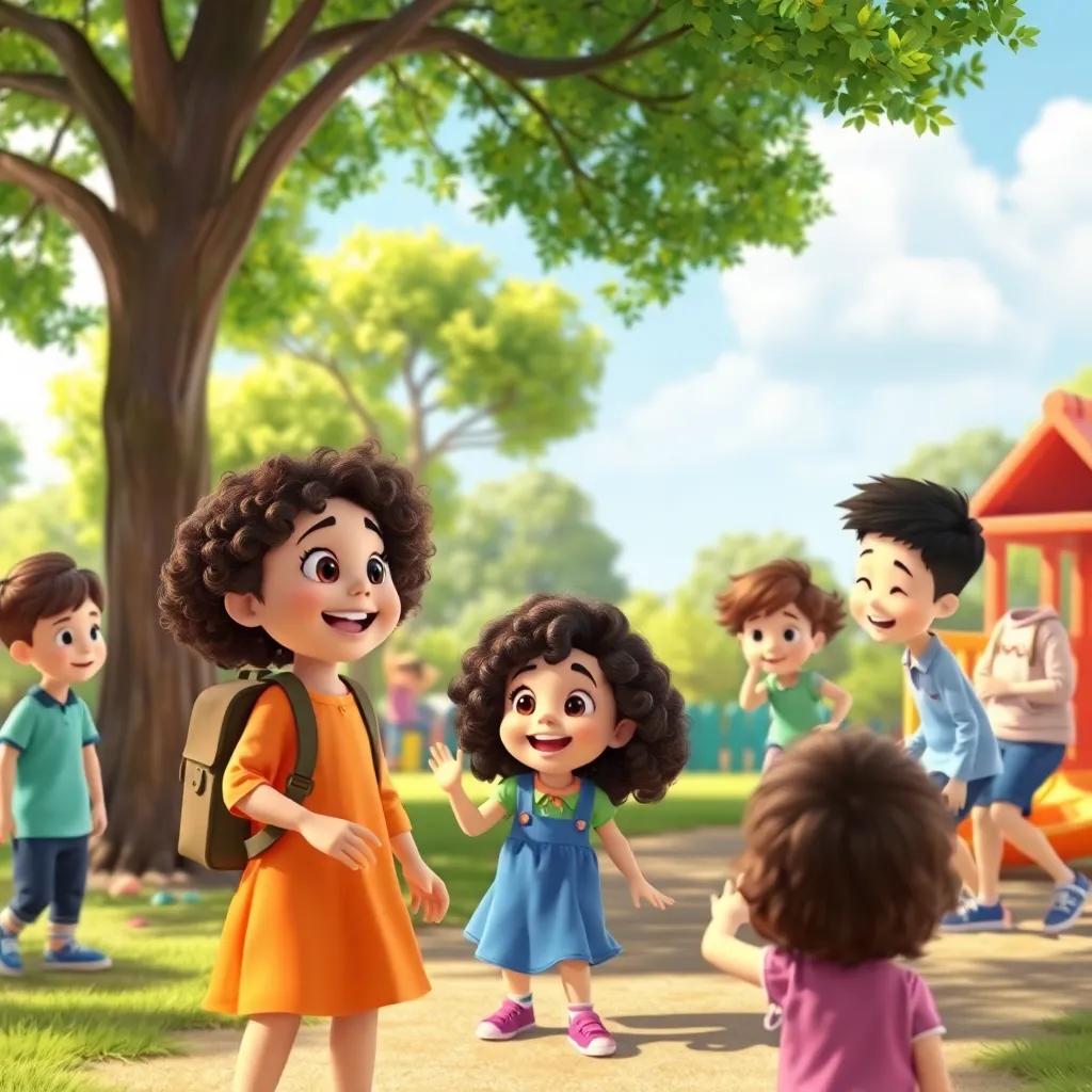 A vibrant park with children playing and laughing, one of them being Leila, a young girl with curly hair, inviting others to join her game, colorful playground equipment, joyful atmosphere, digital illustration