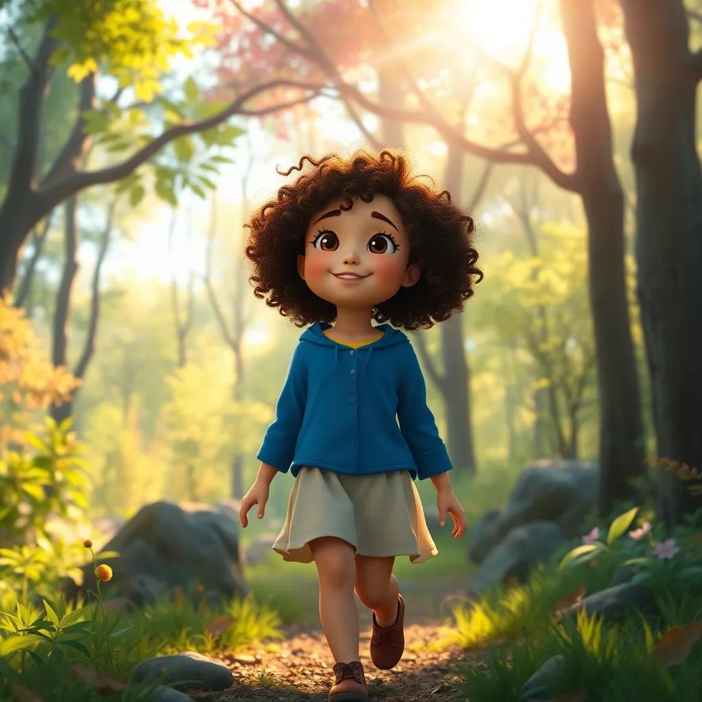 Leila, a young girl with curly hair, walking through a beautiful forest with sunlight filtering through the trees, feeling free and content, vibrant natural colors, expressive scenery
