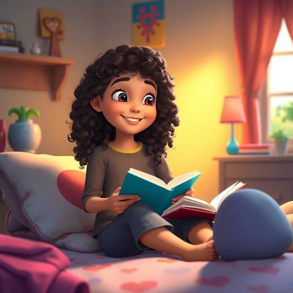 Leila, a young girl with curly hair, sitting on her bed with a diary, reflecting on her day with a smile, warm light in her cozy room, heartwarming environment, colorful decor