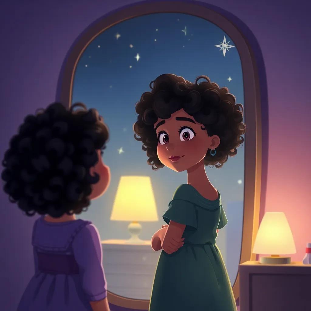 Leila, a young girl with curly hair, confidently looking in the mirror at night, surrounded by stars and a calming atmosphere, glow in the room, inspiring and magical view