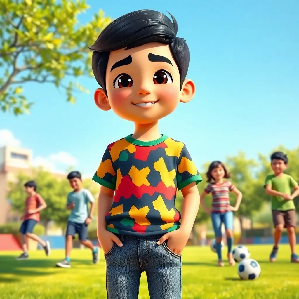 A young Arab boy, Sami, with short black hair, wearing a colorful T-shirt and jeans, standing in a sunny park with friends playing football, cheerful and lively atmosphere, digital art, bright colors, high quality
