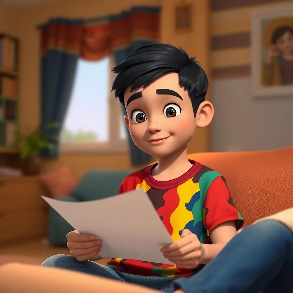 Sami, a young Arab boy with short black hair in a colorful T-shirt, sitting at home with a piece of paper and a pencil, writing things he likes about himself, cozy room, warm light, inviting feel, digital art, high quality