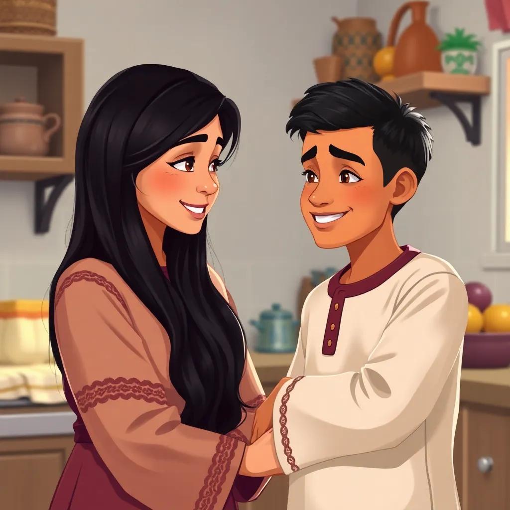 A caring Arab mother, with long dark hair wearing a traditional dress, encouraging her son Sami with love, in a warm kitchen, homey colors, friendship and care, digital painting, soft light, warm atmosphere, high quality