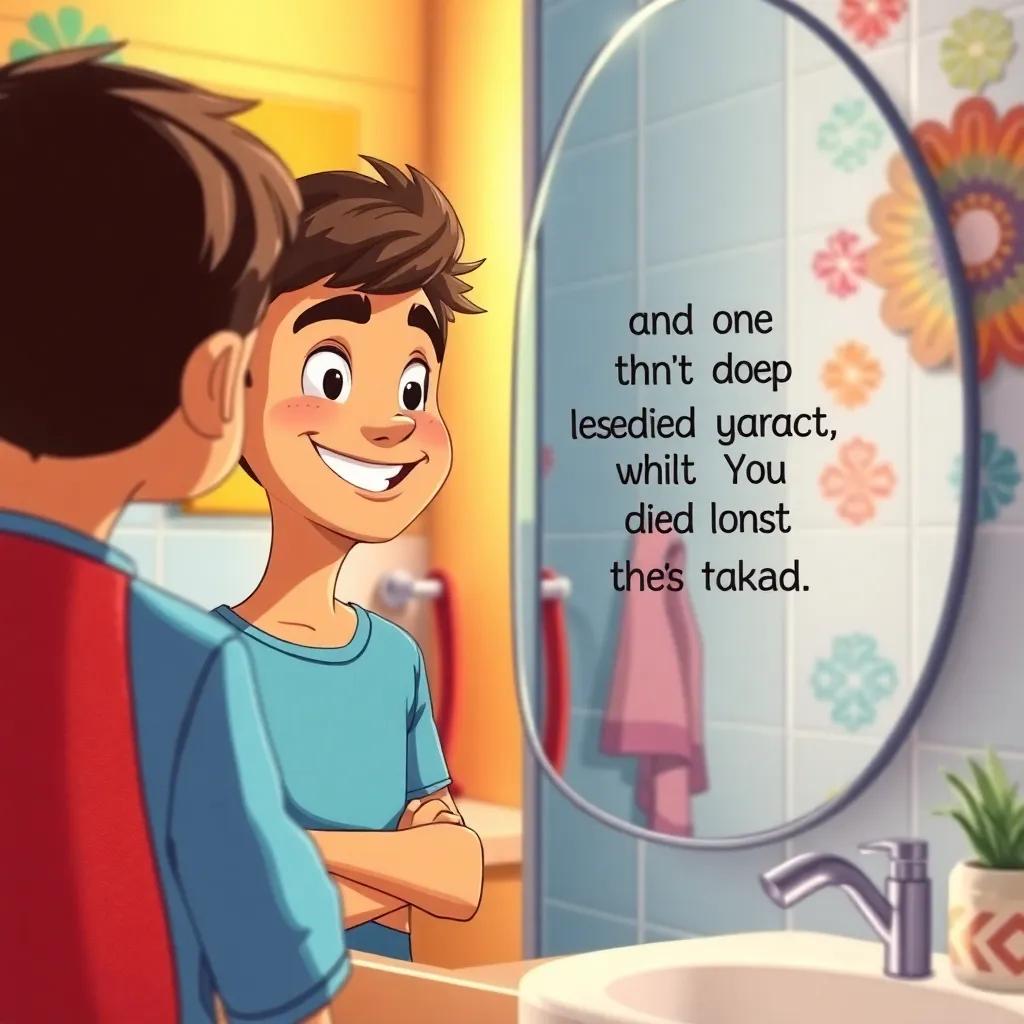 A young Arab boy, Sami, confidently looking in the mirror, smiling and saying positive affirmations, vibrant bathroom with colorful decorations, bright light, inspirational mood, illustration, high quality