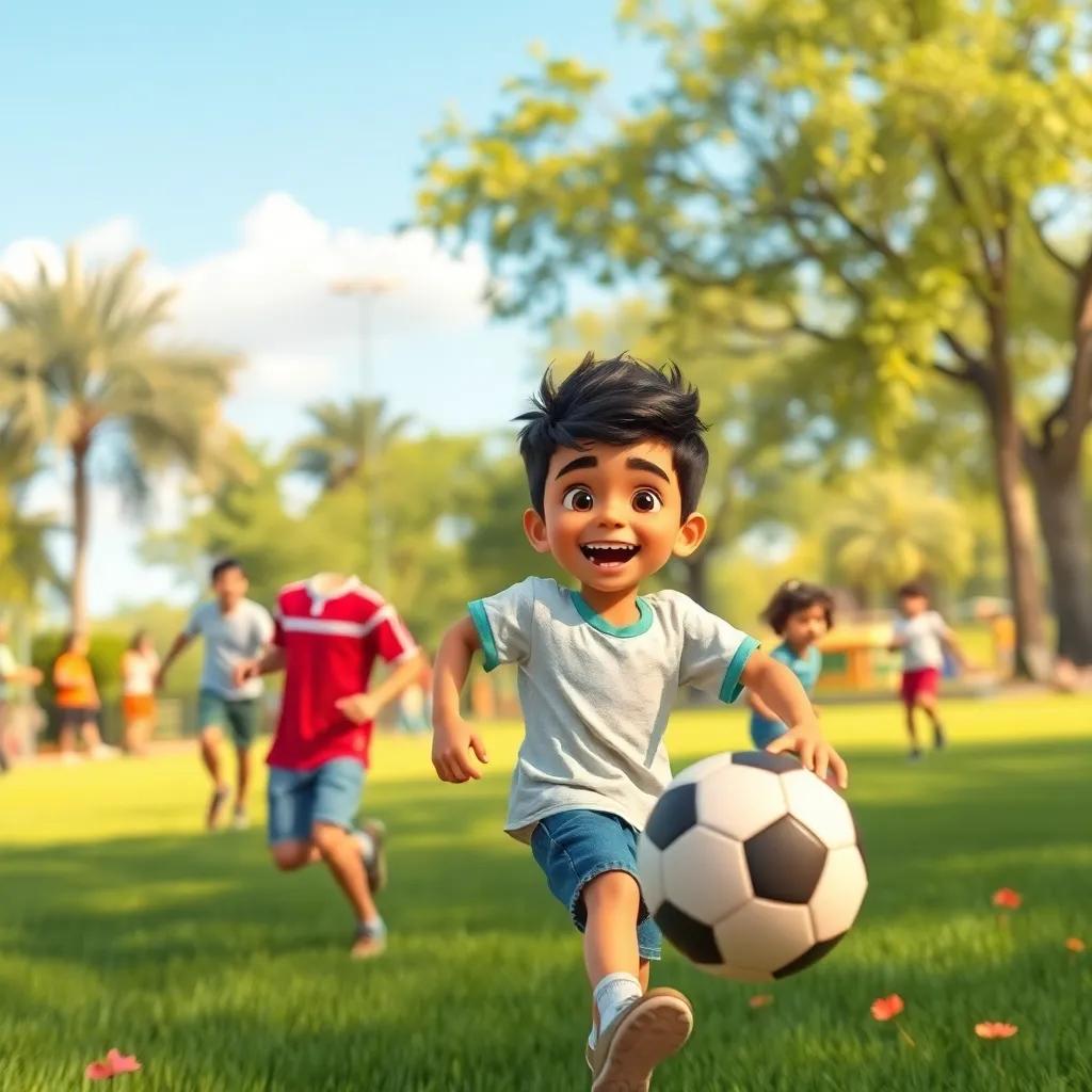 Sami, a young Arab boy with short black hair, happily playing football with friends, feeling joyful, sunny day at a park, lively colors, fun atmosphere, digital art, high quality