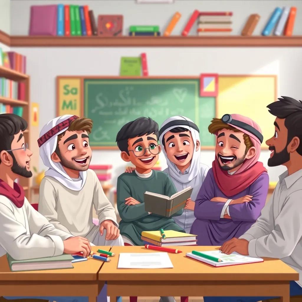 A group of young Arab boys, including Sami, sitting together in class talking and laughing, colorful classroom with books and art supplies, cheerful atmosphere, illustration, high quality
