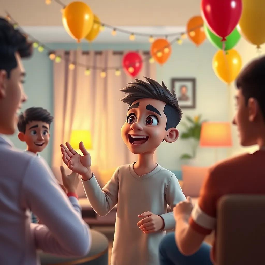 Sami, a young Arab boy, excitedly telling his friends about how he learned to love himself at a small party, decorated living room with balloons, festive vibe, digital art, bright colors, high quality