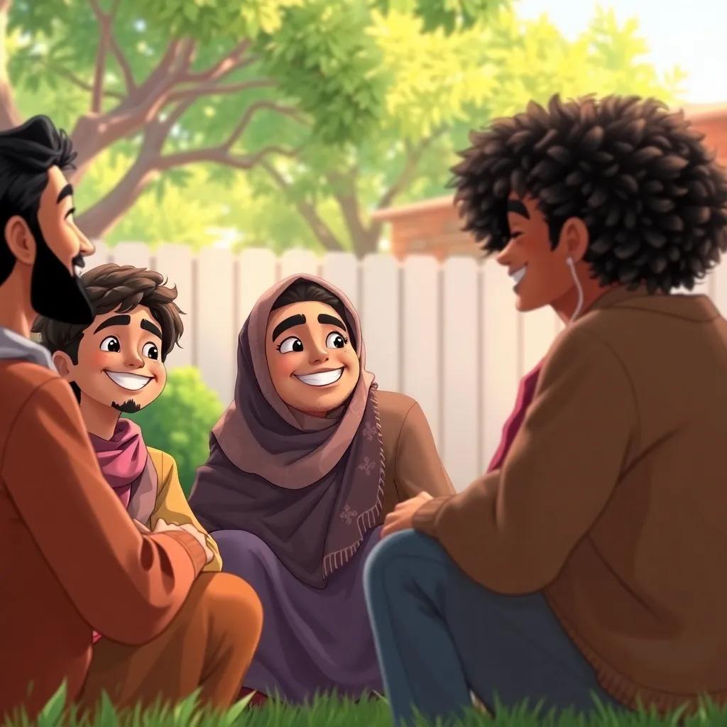 A group of young Arab friends, listening to Sami with smiles on their faces, feeling inspired to love themselves too, backyard scene with trees and cheerful colors, happy and uplifting, digital illustration, high quality