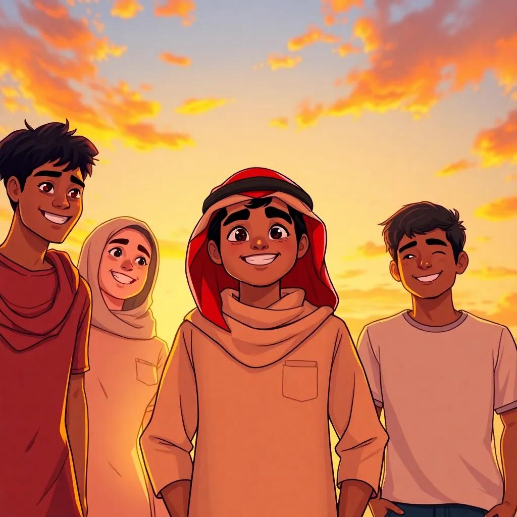 Sami, a confident young Arab boy, standing together with his friends, all smiling, background of a beautiful sunset, symbolizing friendship and self-love, warm colors, digital painting, high quality