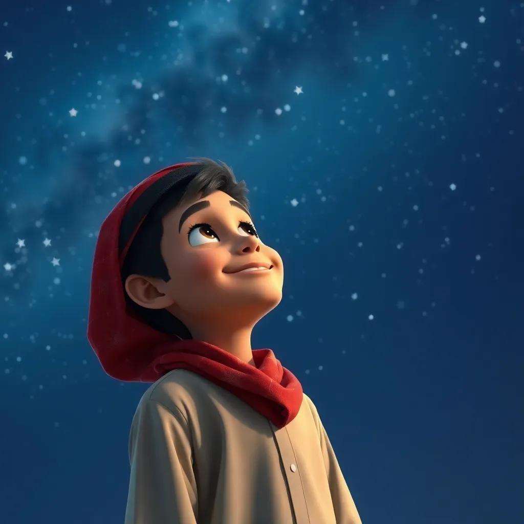 Sami, a young Arab boy, standing under the stars at night, looking up at the sky with a smile, reflecting on his journey of self-love, night sky with twinkling stars, tranquil atmosphere, digital art, high quality