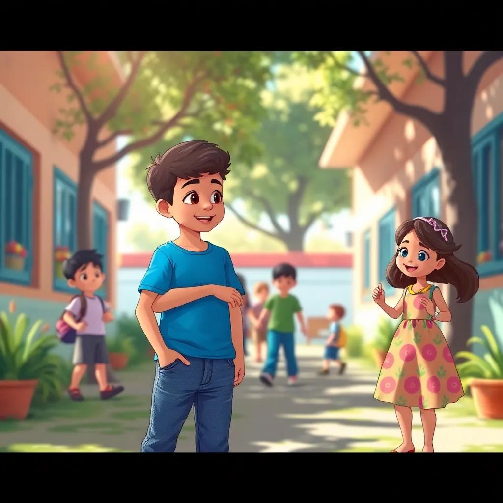 A sunny school yard with children playing and discussing excitedly, characters: Ali, an Arab boy with short hair, wearing a blue t-shirt and jeans, and Leila, an Arab girl with long hair wearing a colorful dress, joyful ambiance, vibrant colors, playful atmosphere, high quality