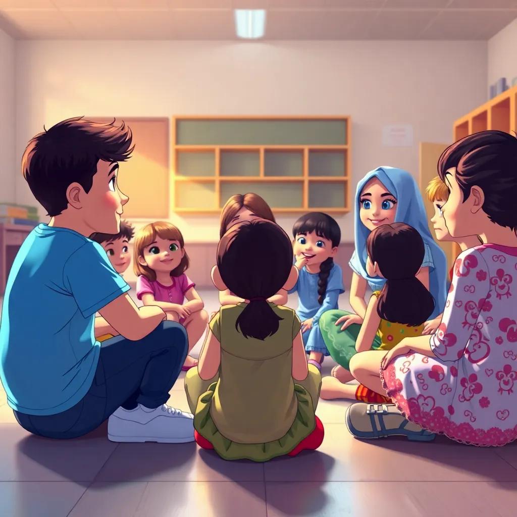A group of children sitting in a circle in a classroom, discussing ideas with enthusiasm, characters: Ali, an Arab boy with short hair and a blue t-shirt, Leila, an Arab girl with long hair in a colorful dress, and other diverse children, bright classroom, warm lighting, inspiring teamwork feel, high quality