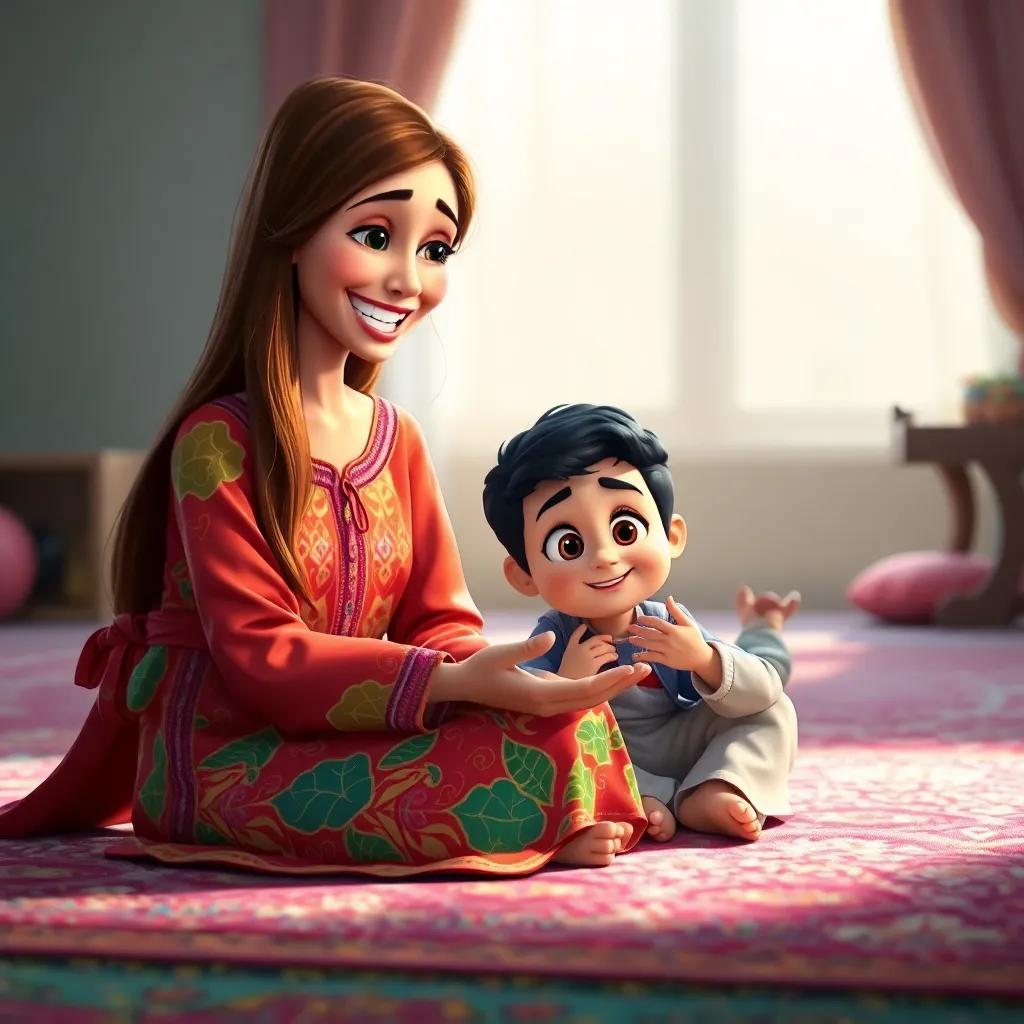 A cheerful Arab mother, Hanan, with long brown hair wearing a colorful dress, sitting on a carpet, explaining prayer to her curious son, Samer, with big eyes and short black hair, bright and inviting atmosphere, soft light, vibrant colors, joyful interaction, high quality