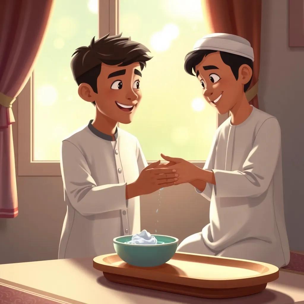 A warm scene of Hanan demonstrating wudu (ablution) to Samer, with a small bowl of water and soap by their side, both smiling, sunlight filtering through a window, creating a cozy environment, love and learning atmosphere, detailed illustration, high quality