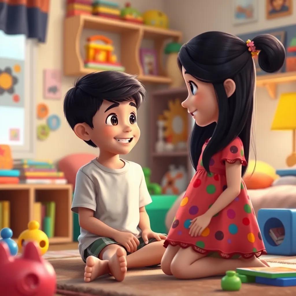 A young Arab boy, Mohammed, with short black hair, wearing a simple t-shirt and shorts, sitting in his bedroom filled with colorful toys and books, smiling as he talks to his sister, a young Arab girl, Leila, with long black hair wearing a cheerful dress, attentive and happy atmosphere, digital art, warm colors, child-friendly
