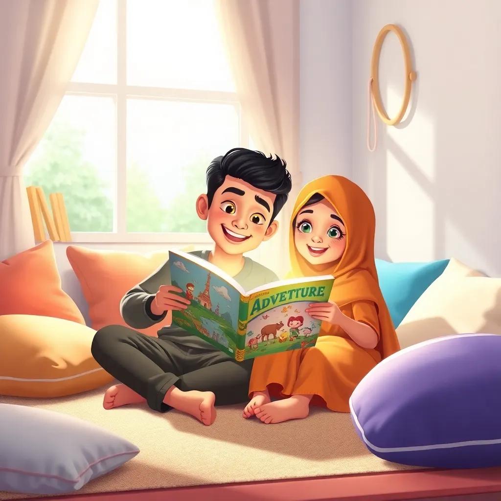 Mohammed and Leila reading an exciting adventure book together, both sitting on the carpet in a cozy room with cushions and soft pillows, illustrations pop from the book, light streaming in through the window, cheerful and imaginative scene, illustration, vibrant colors, storytelling view