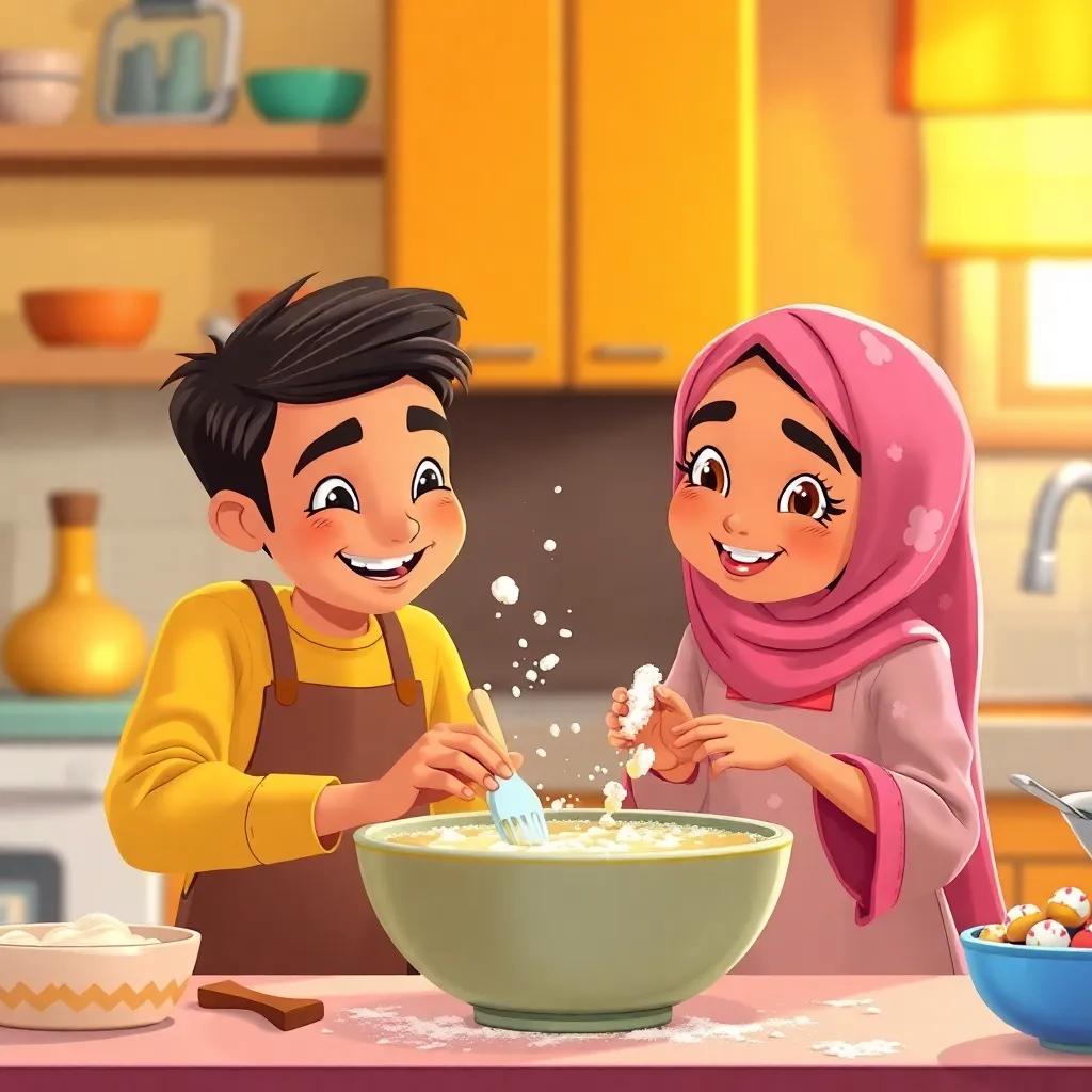 Mohammed and Leila in the kitchen, working together to bake a cake, with flour on their faces and smiles of joy, mixing ingredients in a big bowl, colorful kitchen setting, warm and inviting atmosphere, illustration, cheerful, child-friendly
